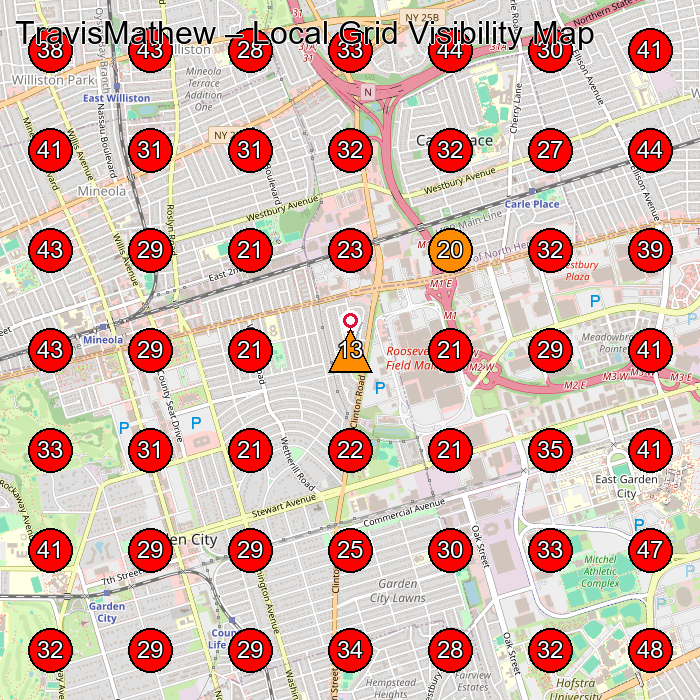 TravisMathew GeoGrid visibility map for Sportswear Store in 630 Old Country Rd Space 2035